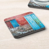 Rode, blauwe en grijze wand, deur en raam bier onderzetter (Linkerzijde)