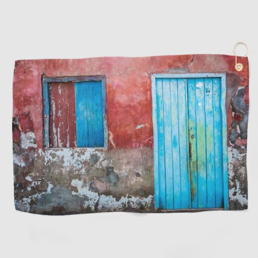 Rode, blauwe en grijze wand, deur en raam golfhanddoek (Horizontaal)