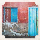 Rode, blauwe en grijze wand, deur en raam kartonnen onderzetters (Voorkant)