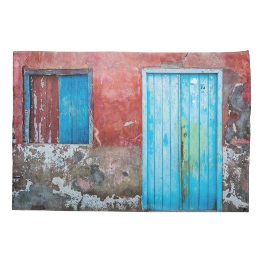 Rode, blauwe en grijze wand, deur en raam kussensloop (Achterkant)