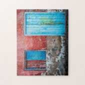 Rode, blauwe en grijze wand, deur en raam legpuzzel (Verticaal)