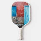 Rode, blauwe en grijze wand, deur en raam pickleball paddle (Achterkant)