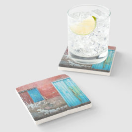 Rode, blauwe en grijze wand, deur en raam stenen onderzetter