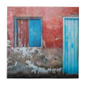 Rode, blauwe en grijze wand, deur en raam tegeltje (Voorkant)
