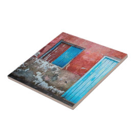 Rode, blauwe en grijze wand, deur en raam tegeltje