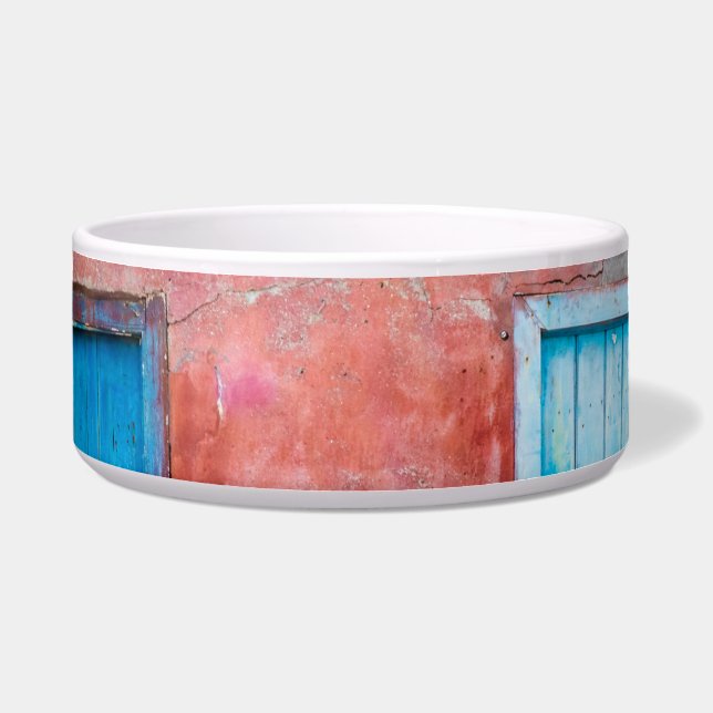 Rode, blauwe en grijze wand, deur en raam voerbakje (Voorkant)