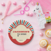 Rode blauwe foto circus, op de eerste verjaardag papieren bordje (Feest)