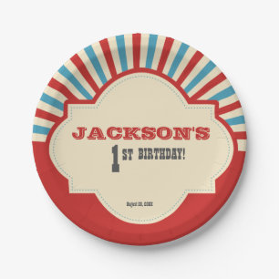 Rode blauwe foto circus, op de eerste verjaardag papieren bordje