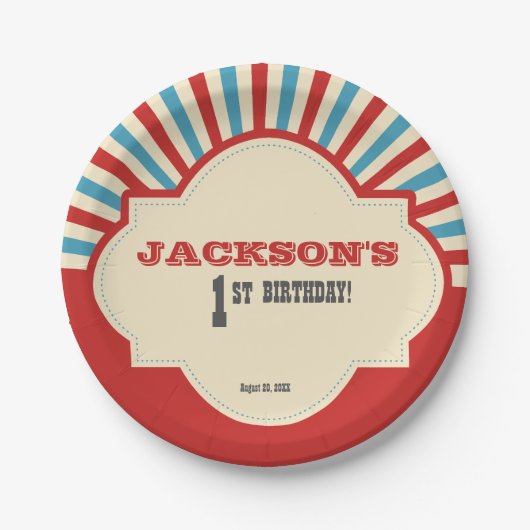 Rode blauwe foto circus, op de eerste verjaardag papieren bordje (Voorkant)