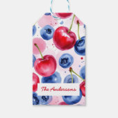 Rode Blauwe Fruit Cherry Berry Patroon Cadeaulabel (Voorkant)