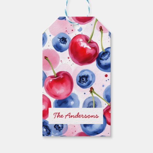 Rode Blauwe Fruit Cherry Berry Patroon Cadeaulabel (Voorkant)