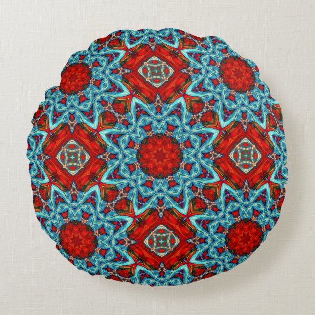 Rode Blauwe Geometrische Ster  Rond Kussen (Voorkant)