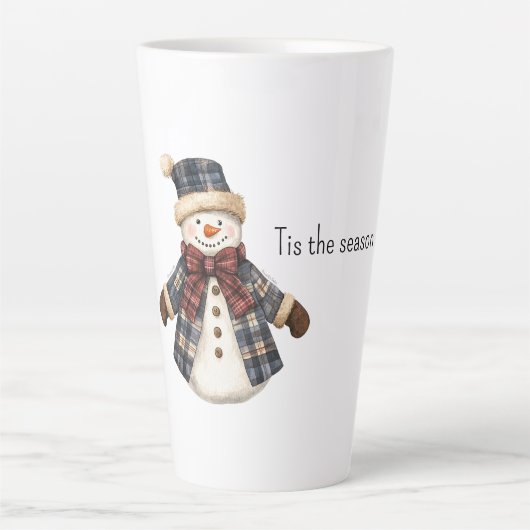 Rode Blauwe Geruite Kerstsneeuwman Latte Mok (Voorkant)