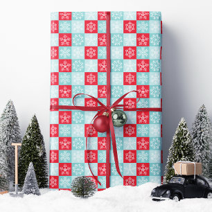 Rode Blauwe Geruite Sneeuwvlok Kerst  Cadeaupapier