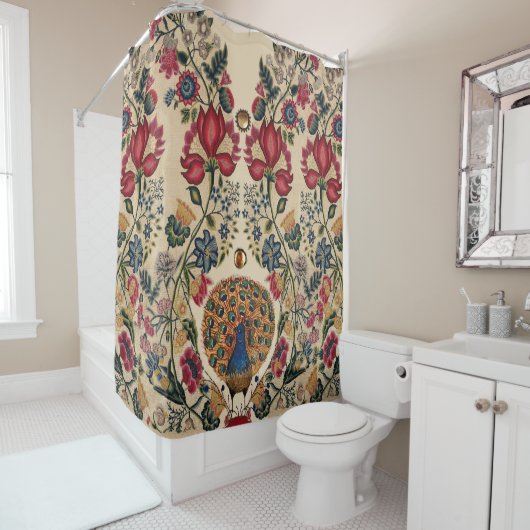 RODE BLAUWE GLOEISTROMEN EN PEACOCK Antiek Florenz Douchegordijn (In situ)