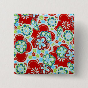Rode, blauwe, groene en witte bloemen vierkante button 5,1 cm