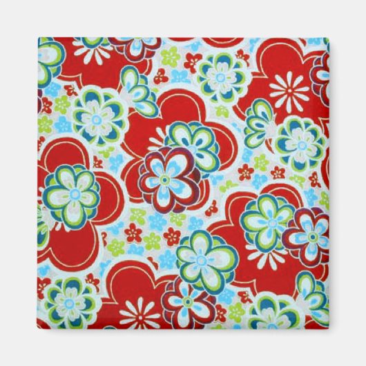 Rode, blauwe, groene & witte bloemen magneet (Voorkant)