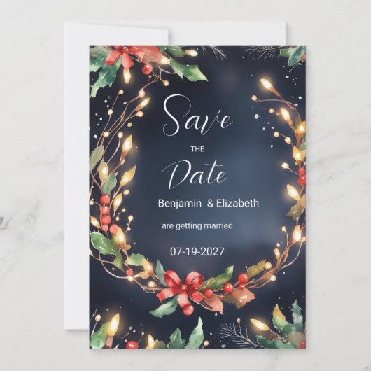 Rode blauwe kerstbloemenkrans Save the Date Kaart (Voorkant)