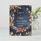 Rode blauwe kerstbloemenkrans Save the Date Kaart (Staand voorkant)