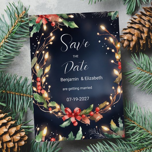 Rode blauwe kerstbloemenkrans Save the Date Kaart