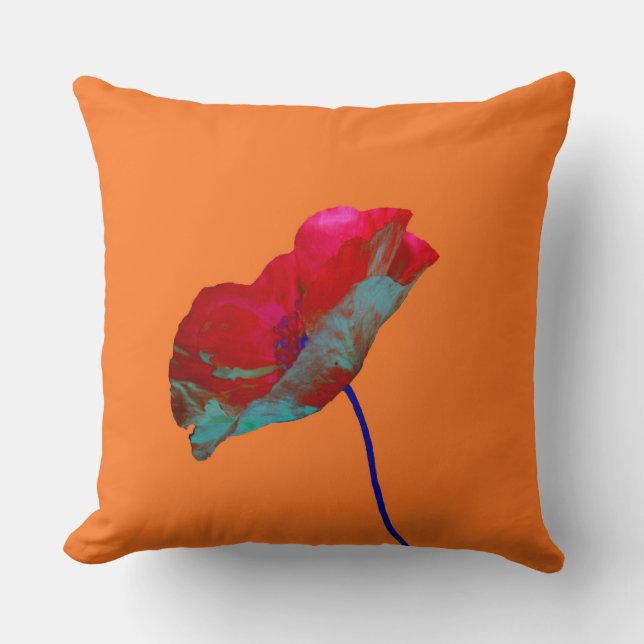 Rode blauwe klaproos op warm oranje kussen (Voorkant)
