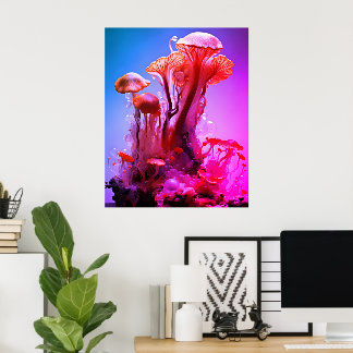 Rode + Blauwe Kleurige Transparante Paddenstoelen Poster