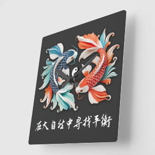 Rode & Blauwe Koi Voorspoed Yin Yang Vierkante Klok