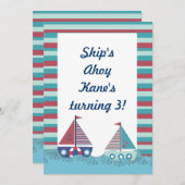 Rode Blauwe Nautische Zeilboot Verjaardag Uitnodig Kaart (Voorkant / Achterkant)