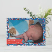 Rode & Blauwe Paisley Baby Aankondiging (Staand voorkant)