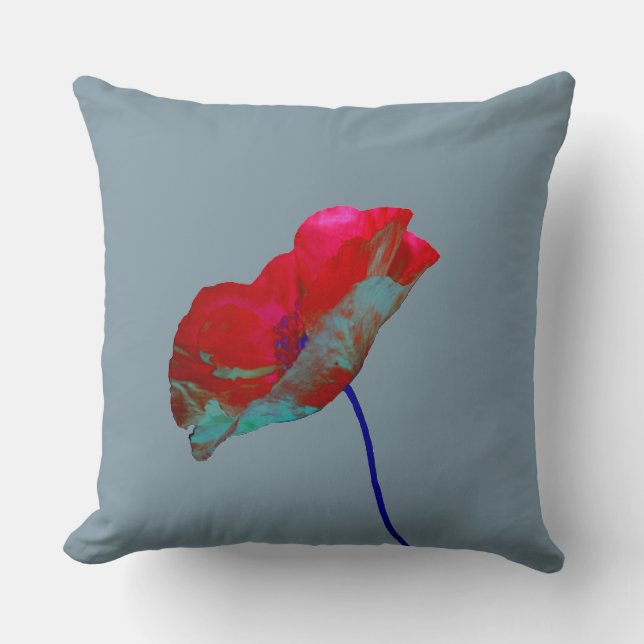 Rode blauwe papaver op grijs kussen (Voorkant)