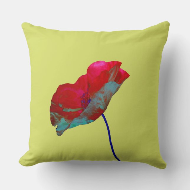 Rode blauwe papaver op pastelgroen kussen (Voorkant)