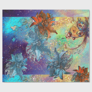 RODE BLAUWE POINSETTIAS, BUTTERFLES IN GOUDEN SPAR CADEAUPAPIER