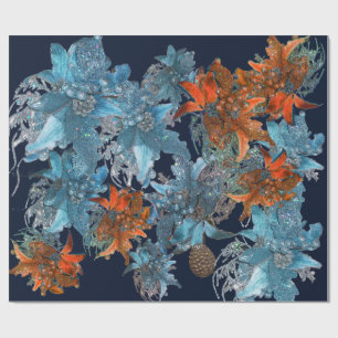 RODE BLAUWE POINSETTIAS, CHRISTMAS STARS IN SPARKL CADEAUPAPIER