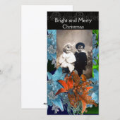 RODE BLAUWE POINSETTIAS, CHRISTMAS STARS IN SPARKL FEESTDAGENKAART (Voorkant / Achterkant)