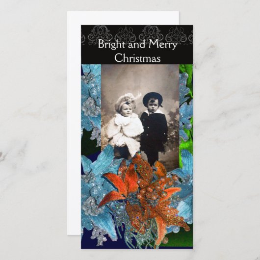 RODE BLAUWE POINSETTIAS, CHRISTMAS STARS IN SPARKL FEESTDAGENKAART (Voorkant / Achterkant)