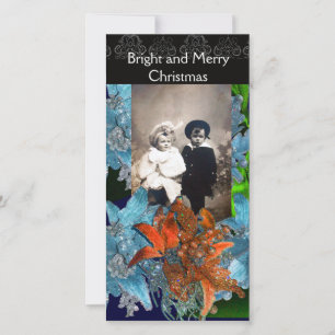 RODE BLAUWE POINSETTIAS, CHRISTMAS STARS IN SPARKL FEESTDAGENKAART