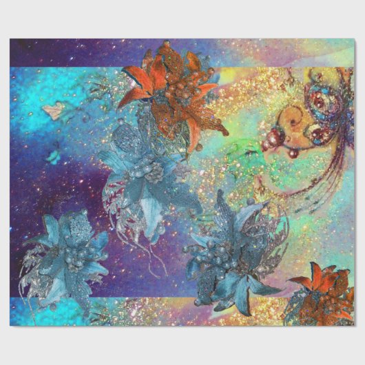 RODE BLAUWE POINSETTIAS, VLINDER IN GOUDEN SPRANKE CADEAUPAPIER (Vlak)