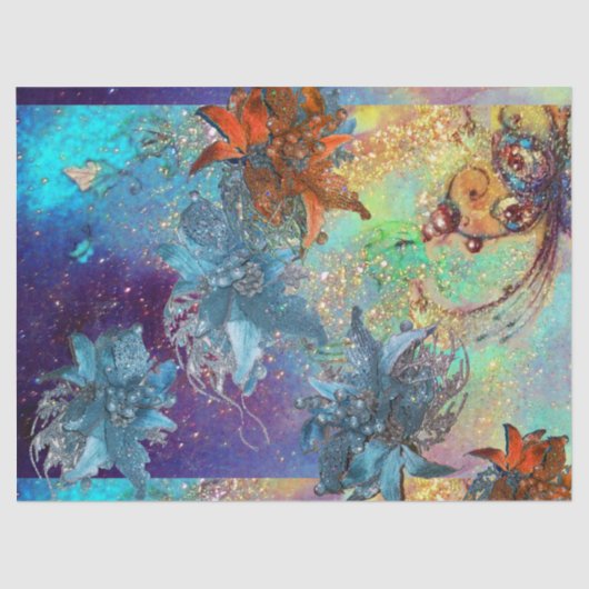 RODE BLAUWE POINSETTIAS, VLINDER IN GOUDEN SPRANKE TISSUEPAPIER (Voorkant)