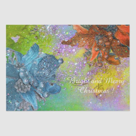 RODE BLAUWE POINSETTIAS, XMAS STARS IN GROENE SPAR TISSUEPAPIER (Voorkant)