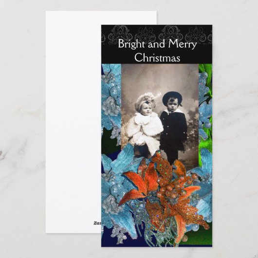 RODE BLAUWE POINSSETTIA'S, KERSTSTERREN IN GLITTER FEESTDAGENKAART (Voorkant / Achterkant)