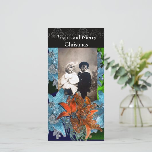 RODE BLAUWE POINSSETTIA'S, KERSTSTERREN IN GLITTER FEESTDAGENKAART (Staand voorkant)