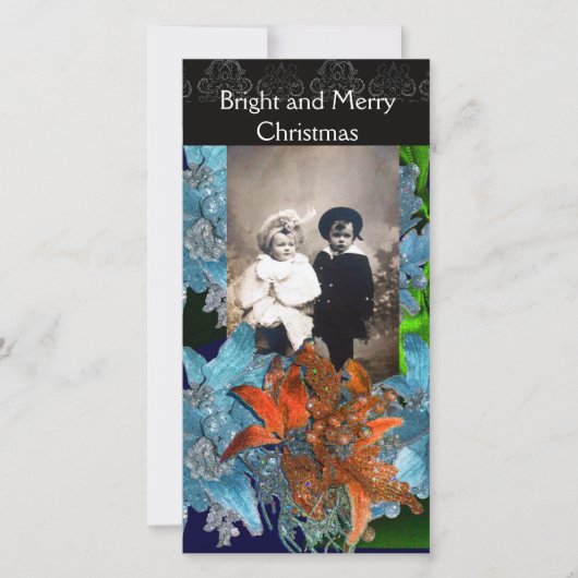 RODE BLAUWE POINSSETTIA'S, KERSTSTERREN IN GLITTER FEESTDAGENKAART (Voorkant)