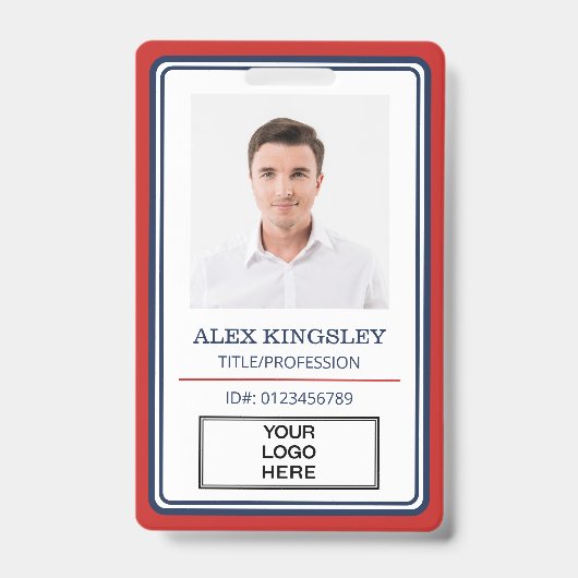 Rode Blauwe Rand Naam Titel Logo Foto ID Badge (Voorzijde)