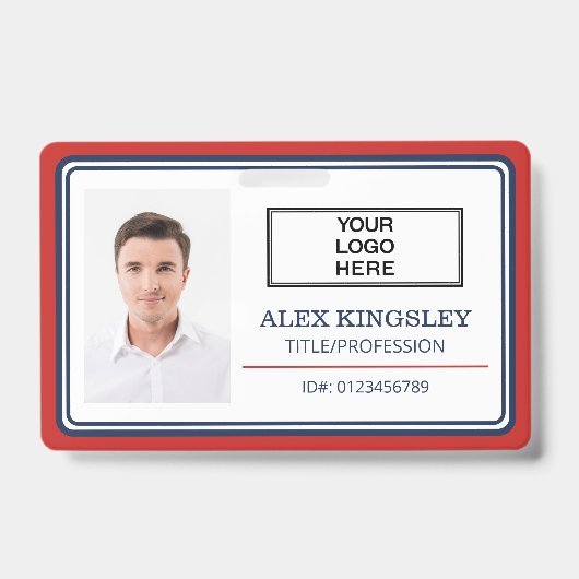 Rode Blauwe Rand Naam Titel Logo Foto ID Badge (Voorzijde)