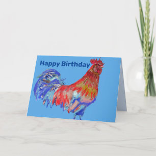 Rode blauwe rooster Waterverf Man Birthday Kaart