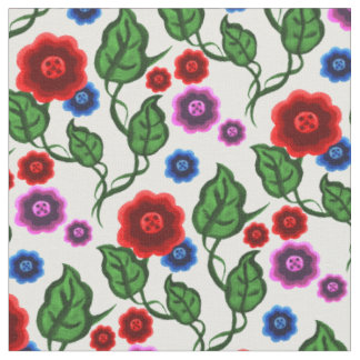 Rode/blauwe/roze bloemen/groene bladeren/Folk Stof