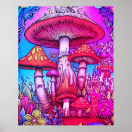 Rode + Blauwe + Roze Whimsical Paddenstoelen Aan e Poster