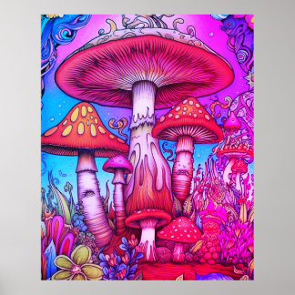 Rode + Blauwe + Roze Whimsical Paddenstoelen Aan e Poster