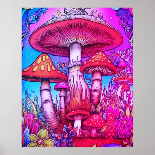 Rode + Blauwe + Roze Whimsical Paddenstoelen Aan e Poster (Voorkant)