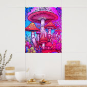 Rode + Blauwe + Roze Whimsical Paddenstoelen Aan e Poster (Keuken)